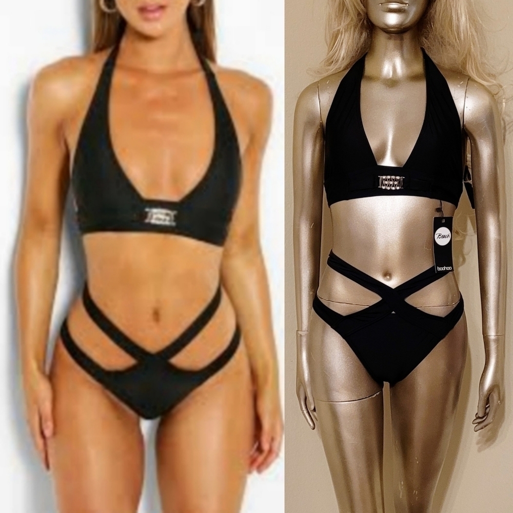 NWT BLACK RHINESTONE EMBELLISHED STRAPPY CUTOUT BIKINI
